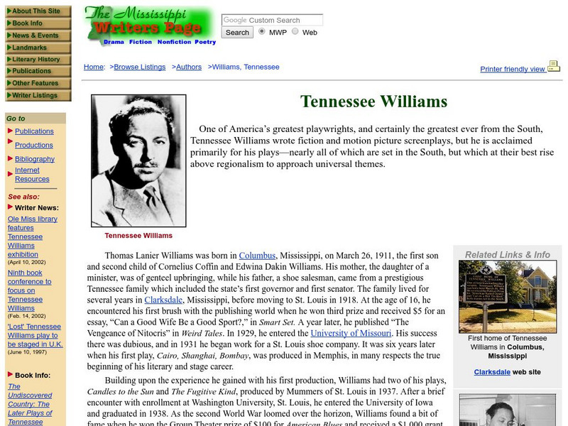 Mississippi Writers: Tennessee Williams Website Mississippi Writers: Tennessee Williams Website