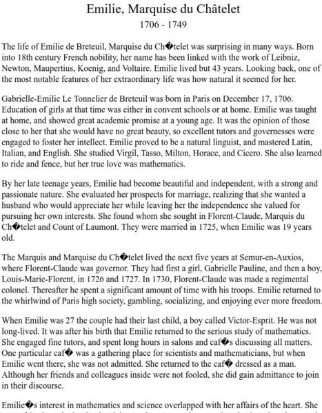 Wichita State University: Emilie, Marquise Du Chatelet Handout Wichita State University: Emilie, Marquise Du Chatelet Handout