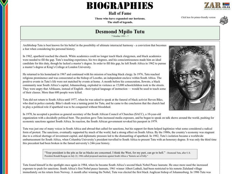 Hall of Fame Biographies: Desmond Mpilo Tutu Handout Hall of Fame Biographies: Desmond Mpilo Tutu Handout