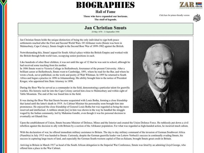 Hall of Fame Biographies: Jan Christian Smuts Handout Hall of Fame Biographies: Jan Christian Smuts Handout
