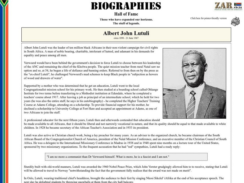 Hall of Fame Biographies: Albert John Lutuli Handout