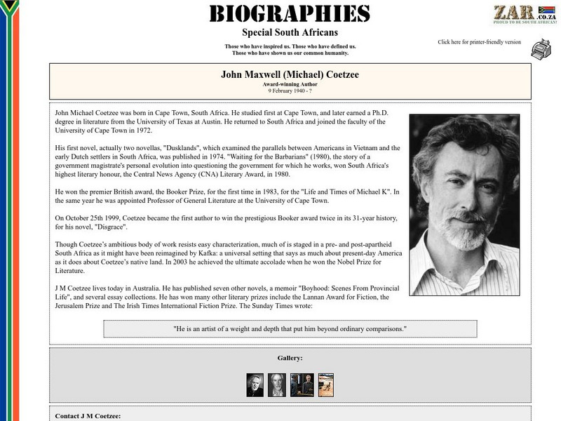 Hall of Fame Biographies: John Maxwell (Michael) Coetzee Handout