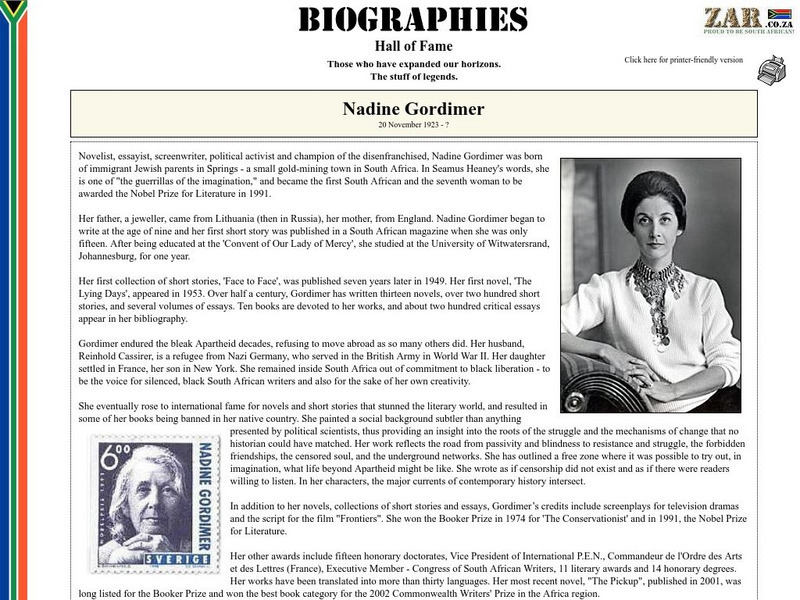 Hall of Fame Biographies: Nadine Gordimer Handout Hall of Fame Biographies: Nadine Gordimer Handout