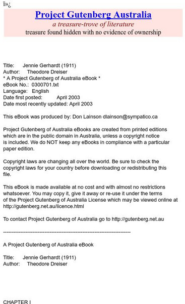 Project Gutenberg: Jennie Gerhardt by Theodore Dreiser [Full Text] eBook