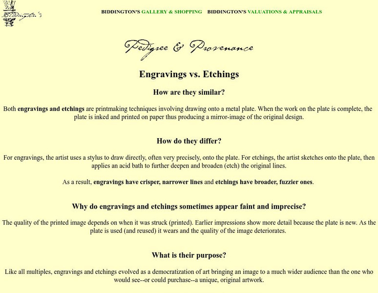 Biddington's: Engravings vs. Etchings Website