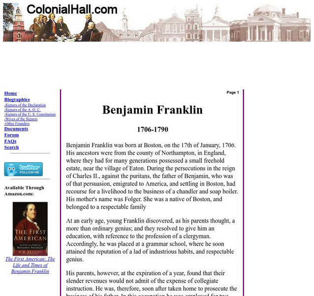 Colonial Hall: Benjamin Franklin, 1706 1790 Handout