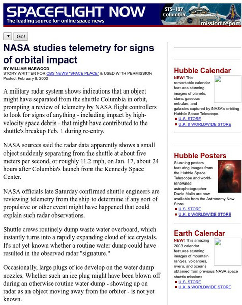 Spacefilght Now: Nasa Studies Telemetry for Signs of Orbital Impact Website Spacefilght Now: Nasa Studies Telemetry for Signs of Orbital Impact Website