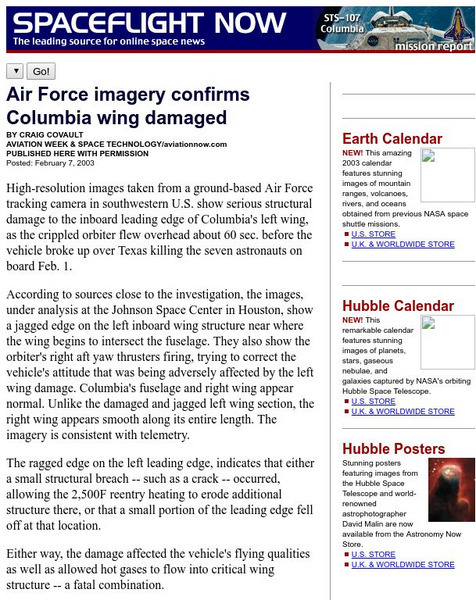 Spacefilght Now: Air Force Imagery Confirms Columbia Wing Damaged Website Spacefilght Now: Air Force Imagery Confirms Columbia Wing Damaged Website