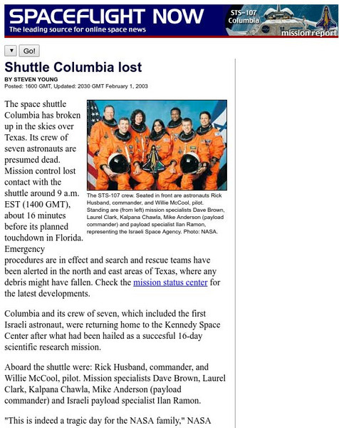 Spaceflight Now: Shuttle Columbia Lost Website Spaceflight Now: Shuttle Columbia Lost Website