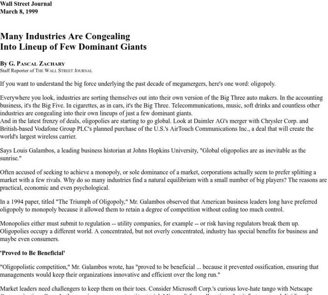 Wright State U: Many Industries Are Congealing Into Lineup of Few Dominant Firms Article Wright State U: Many Industries Are Congealing Into Lineup of Few Dominant Firms Article