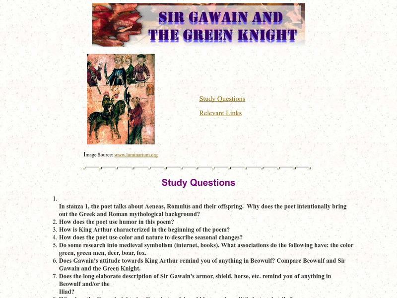 Sir Gawain and the Green Knight: Study Questions Unit Plan Sir Gawain and the Green Knight: Study Questions Unit Plan