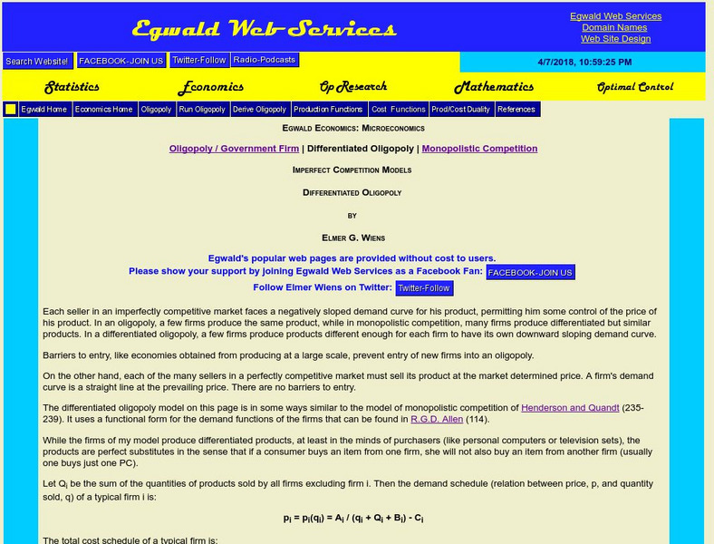 Egwald Web Services: Imperfect Competition Models: Differentiated Oligopoly Activity