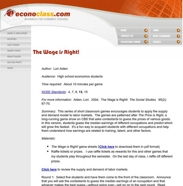 Econoclass: The Wage Is Right! Lesson Plan Econoclass: The Wage Is Right! Lesson Plan