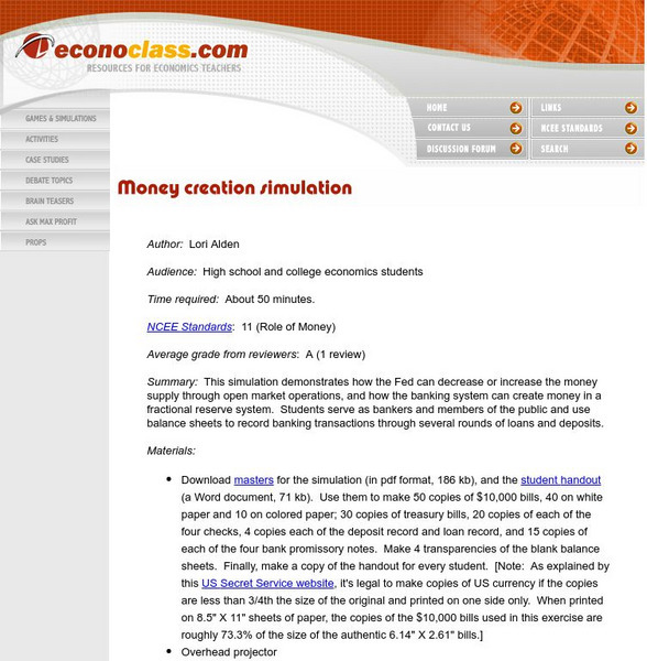 Econoclass: Money Creation Simulation Lesson Plan Econoclass: Money Creation Simulation Lesson Plan