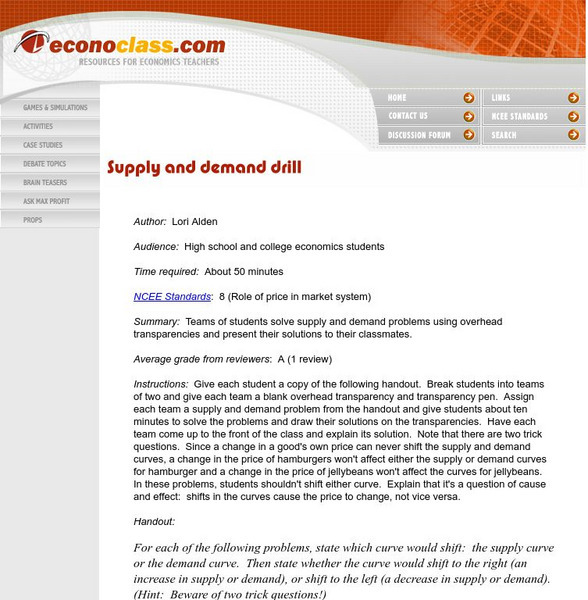 Econoclass: Supply and Demand Drill Lesson Plan Econoclass: Supply and Demand Drill Lesson Plan