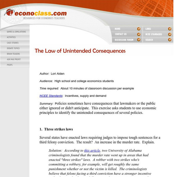 Econoclass: The Law of Unintended Consequences Activity Econoclass: The Law of Unintended Consequences Activity