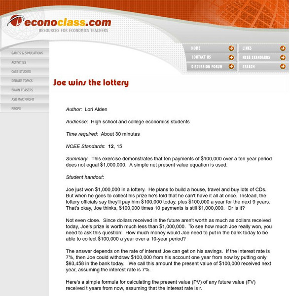 Econoclass: Joe Wins the Lottery Lesson Plan Econoclass: Joe Wins the Lottery Lesson Plan