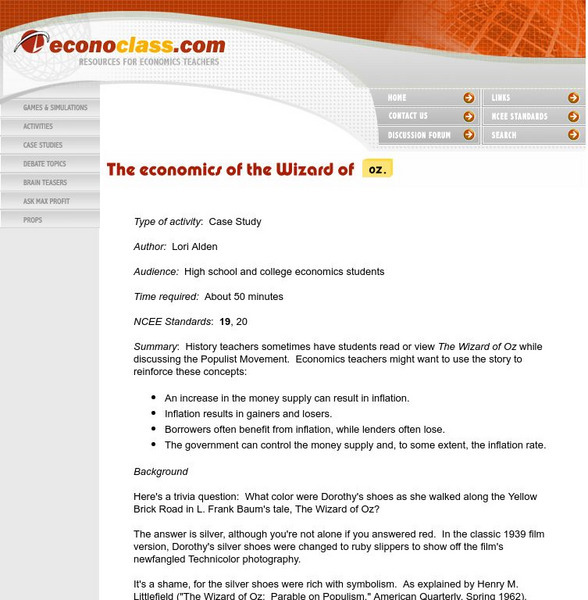 Econoclass: The Economics of the Wizard of Oz Lesson Plan Econoclass: The Economics of the Wizard of Oz Lesson Plan