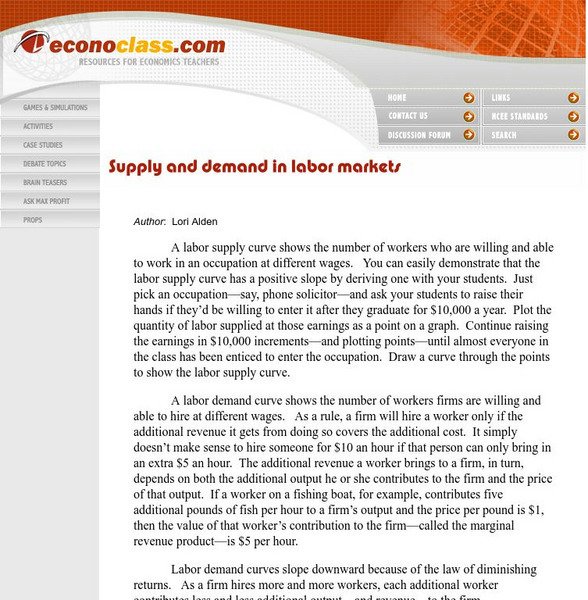 Econoclass: Supply and Demand in Labor Markets Activity Econoclass: Supply and Demand in Labor Markets Activity