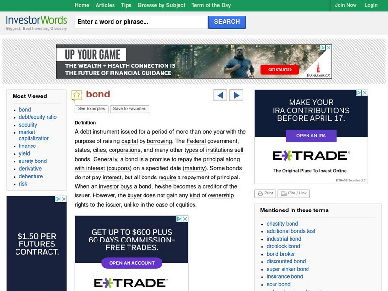 Investor Words: What Is a Bond? Definition and Meaning Handout Investor Words: What Is a Bond? Definition and Meaning Handout