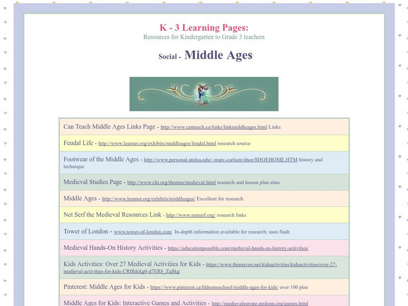 K 3 Learning pages.com: Web Resources: Middle Ages Website