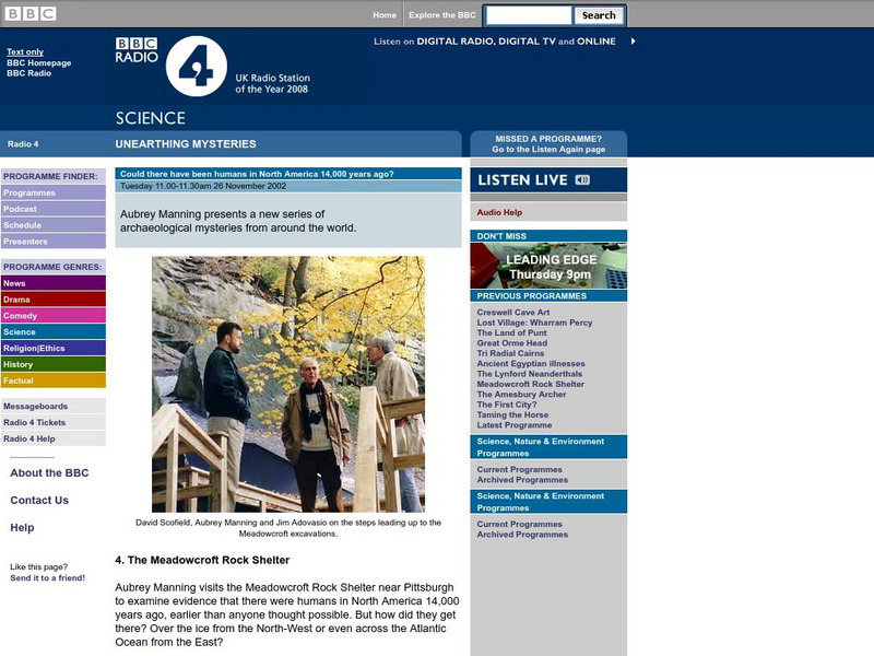 Bbc: Radio 4: Unearthing Mysteries: The Meadowcroft Rock Shelter Website Bbc: Radio 4: Unearthing Mysteries: The Meadowcroft Rock Shelter Website
