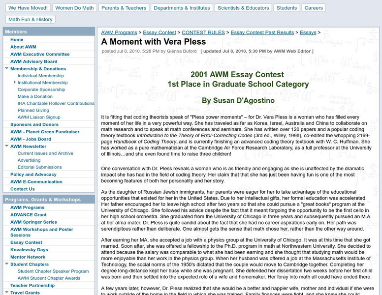 American Mathematical Society: Vera Pless Website American Mathematical Society: Vera Pless Website