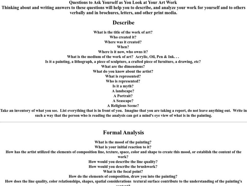 Art Teacher on the Net: Questions to Ask Yourself as You Look at Your Art Work Activity Art Teacher on the Net: Questions to Ask Yourself as You Look at Your Art Work Activity