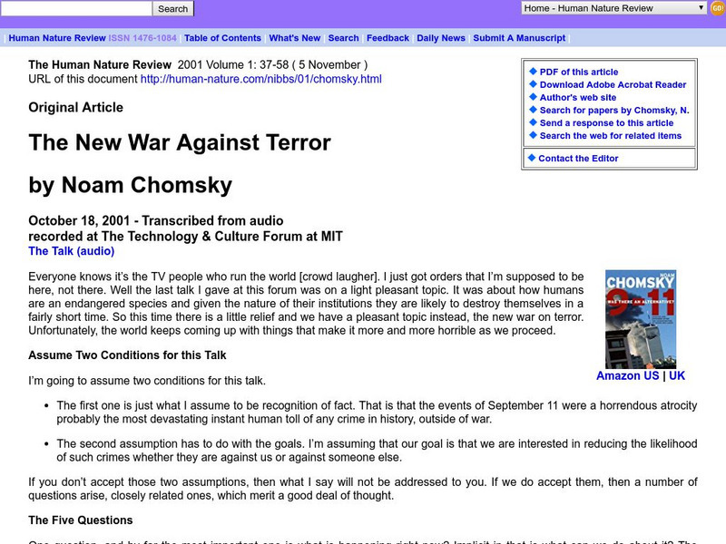 Human Nature Review: Noam Chomsky: The New War Against Terror Article Human Nature Review: Noam Chomsky: The New War Against Terror Article