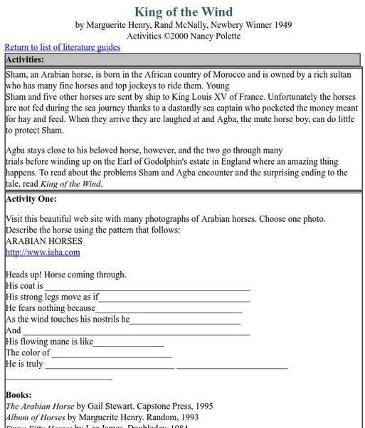 Nancy Polette: "King of the Wind" Literature Guide Activity Nancy Polette: "King of the Wind" Literature Guide Activity