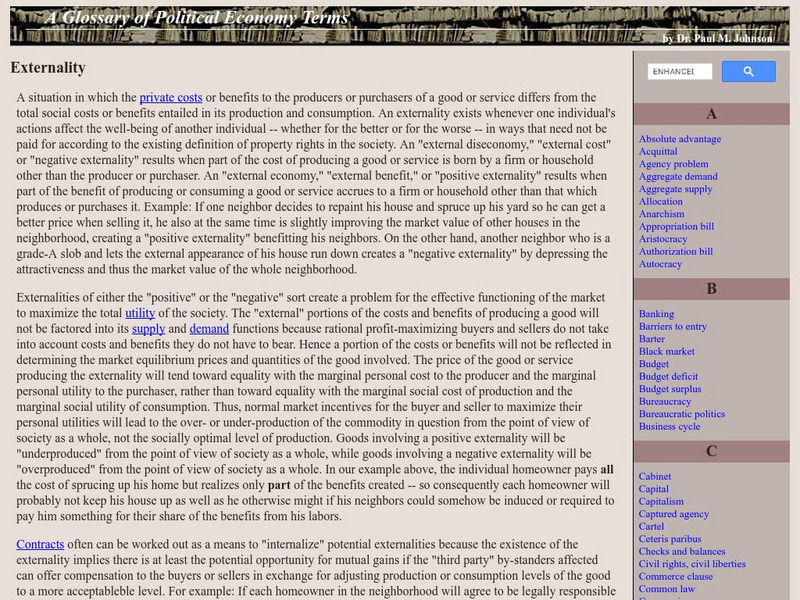 Auburn University: A Glossary of Political Economy Terms: Externality Handout Auburn University: A Glossary of Political Economy Terms: Externality Handout