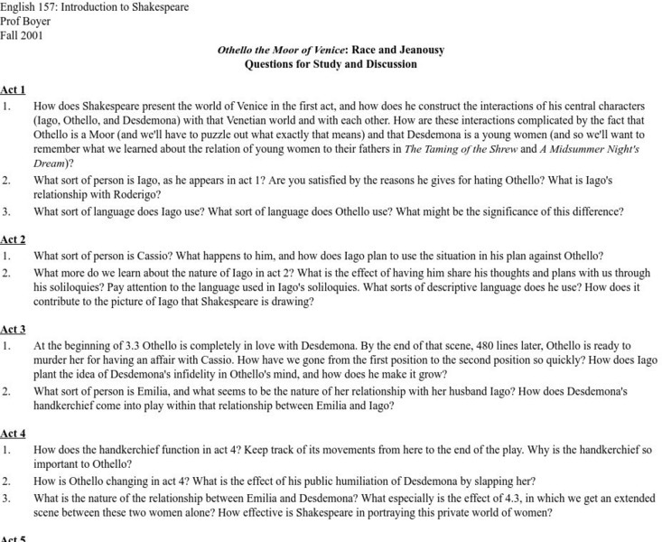Saint Xavier U:"othello" Race and Jealousy Questions Unit Plan Saint Xavier U:"othello" Race and Jealousy Questions Unit Plan