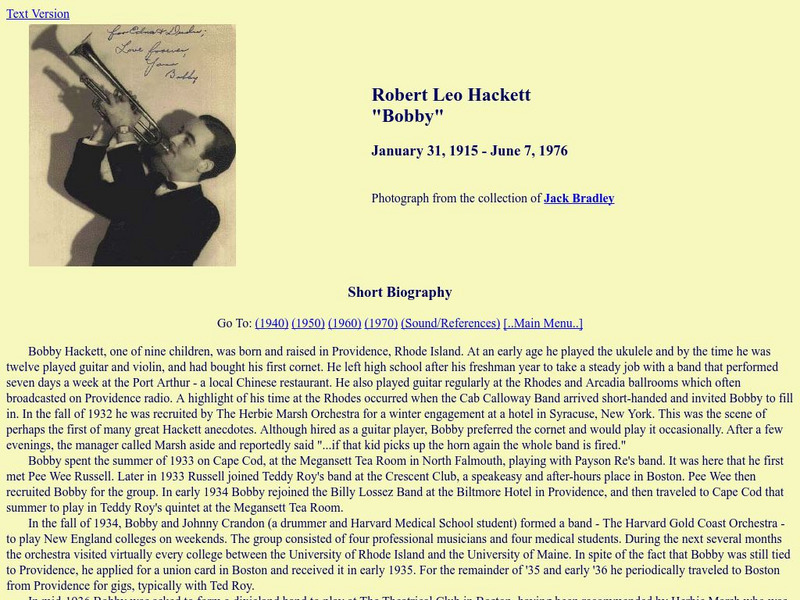 Bobby Hackett: Accomplished Musician Handout Bobby Hackett: Accomplished Musician Handout