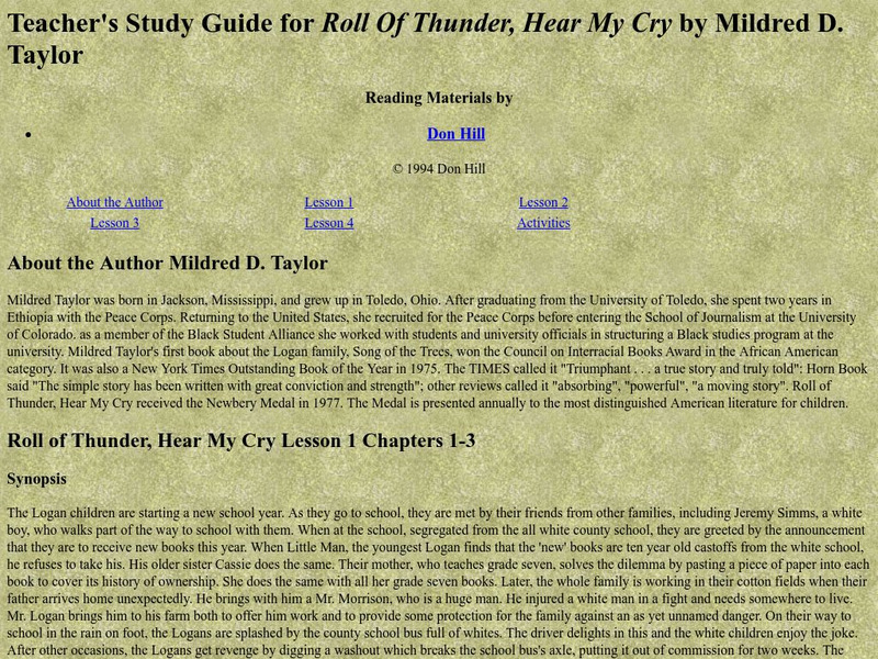 Teacher's Study Guide for "Roll of Thunder, Hear My Cry" Unit Plan Teacher's Study Guide for "Roll of Thunder, Hear My Cry" Unit Plan