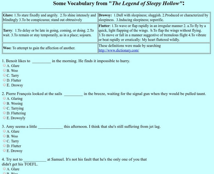 Vocabulary Quiz: "The Legend of Sleepy Hollow" Unknown Type Vocabulary Quiz: "The Legend of Sleepy Hollow" Unknown Type
