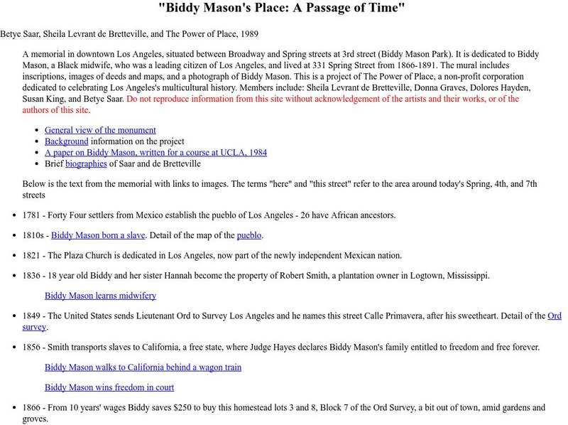 Public Art in Los Angeles: Biddy Mason's Place Handout Public Art in Los Angeles: Biddy Mason's Place Handout