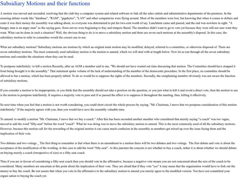 Net Inc Technologies: Subsidiary Motions and Functions Handout Net Inc Technologies: Subsidiary Motions and Functions Handout