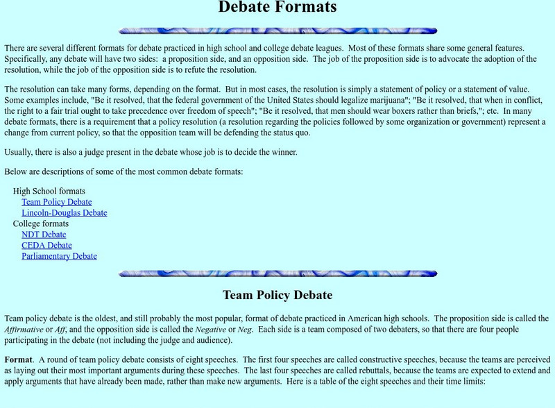 Csun: Debate: Debate Formats Handout Csun: Debate: Debate Formats Handout