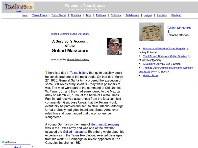 Texas Escapes: A Survivor's Account of the Goliad Massacre Primary