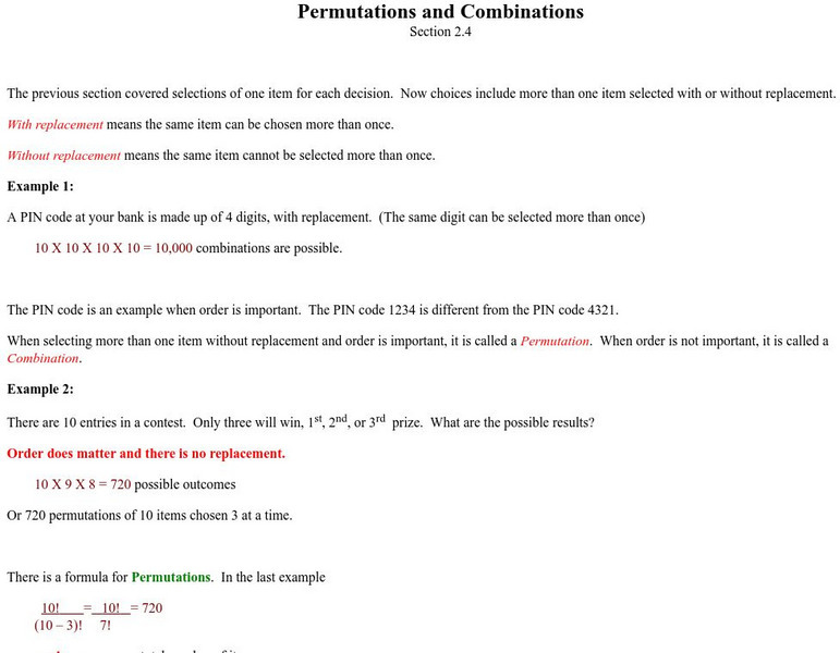 Lake Tahoe Com. College: Permutations and Combinations Activity