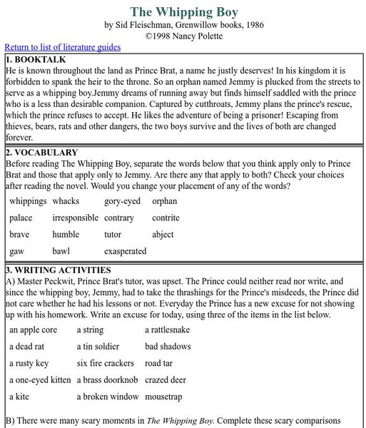 Nancy Polette: "The Whipping Boy" Literature Guide Unit Plan Nancy Polette: "The Whipping Boy" Literature Guide Unit Plan