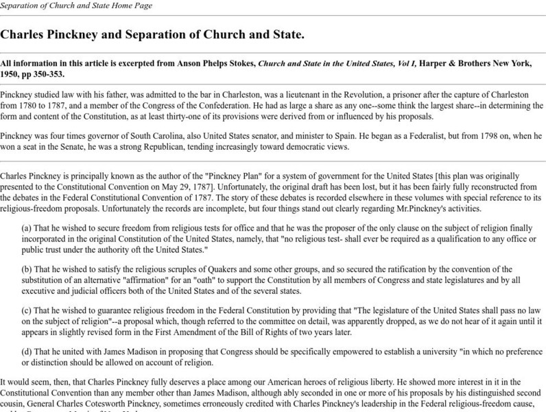Constitutional Principle: Charles Pinckney and Separation of Church and State Handout Constitutional Principle: Charles Pinckney and Separation of Church and State Handout