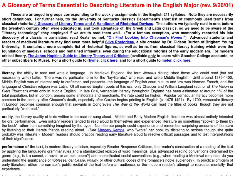 Goucher College: A Glossary of Terms Essential to Describing Literature Handout Goucher College: A Glossary of Terms Essential to Describing Literature Handout