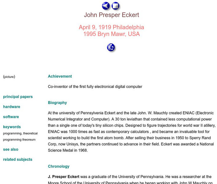 The History of Computing Project: John Presper Eckert Handout