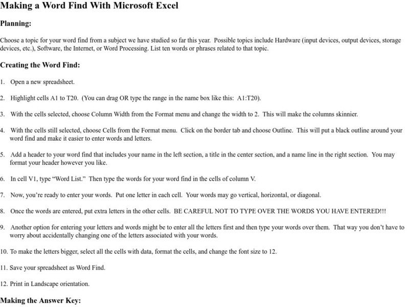 Making a Word Find With Microsoft Excel Activity Making a Word Find With Microsoft Excel Activity