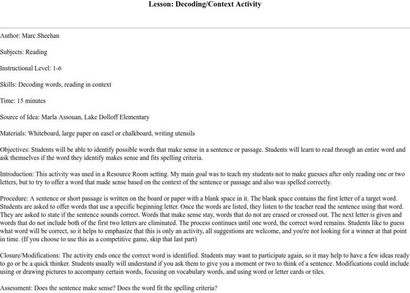 Lesson Plan: Decoding: Context Activity Lesson Plan Lesson Plan: Decoding: Context Activity Lesson Plan