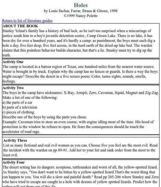Nancy Polette: "Holes" Literature Guide Unit Plan Nancy Polette: "Holes" Literature Guide Unit Plan