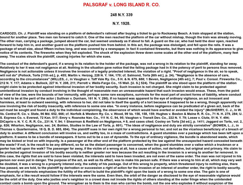 Law School help.com: Palsgraf v. Long Island R. Co. Handout Law School help.com: Palsgraf v. Long Island R. Co. Handout