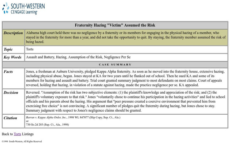 South Western Learning: Fraternity Hazing "Victim" Assumed the Risk Activity South Western Learning: Fraternity Hazing "Victim" Assumed the Risk Activity