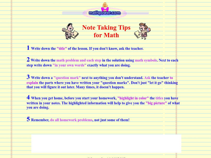 Math power.com: Note Taking Tips for Math Website
